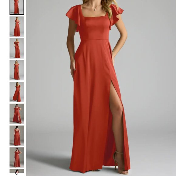 NWT Azazie Bondi Stretch Rust A-Line Bow Stretch Satin Dress - Picture 2 of 14